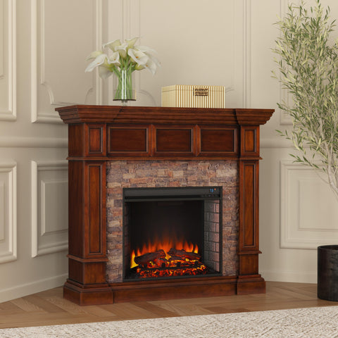 Image of Corner-convertible electric fireplace with faux stone surround Image 1