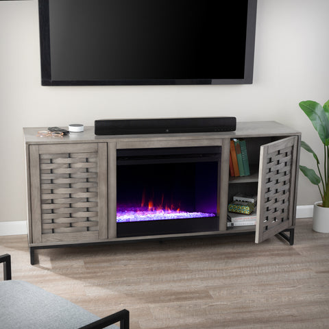 Image of Gray TV stand with color changing fireplace Image 9