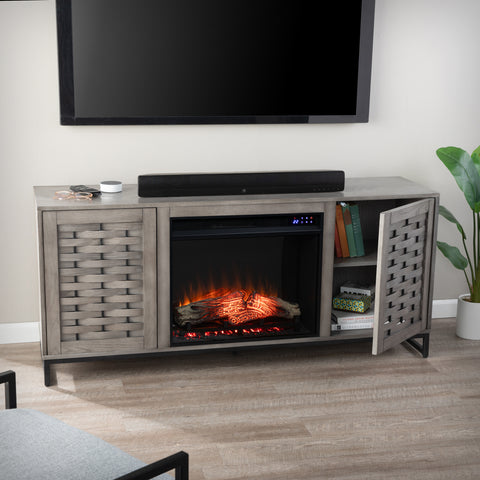 Image of Gray TV stand with electric fireplace Image 4