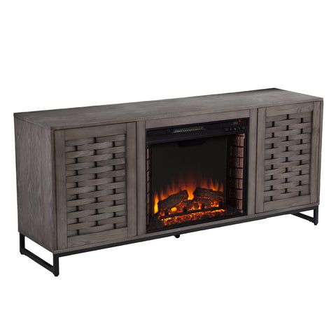 Image of Gray TV stand with electric fireplace Image 8