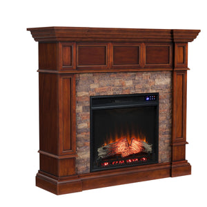 Corner-convertible electric fireplace with faux stone surround Image 4