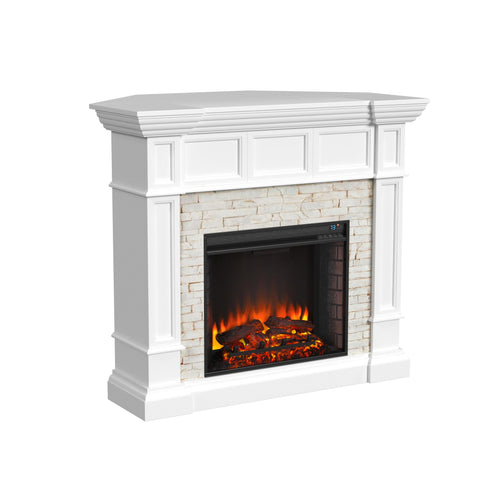 Image of Corner-convertible electric fireplace with faux stone surround Image 4