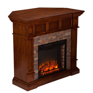 Corner-convertible electric fireplace with faux stone surround Image 4