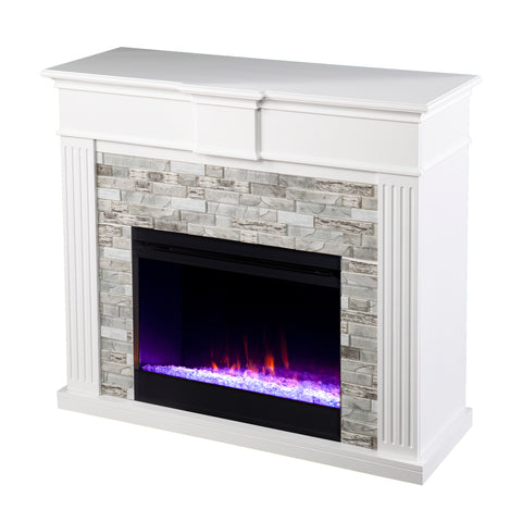 Image of Color changing electric fireplace w/ modern faux stone surround Image 7
