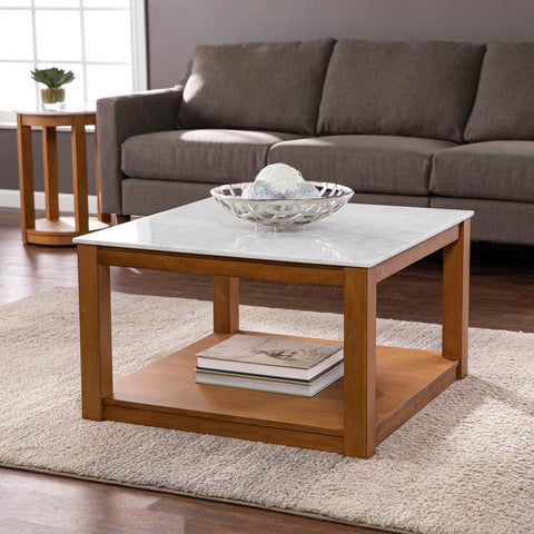 Image of Faux marble top coffee table w/ display storage Image 1