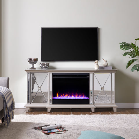 Image of Mirrored media fireplace with storage cabinets and color changing firebox Image 1