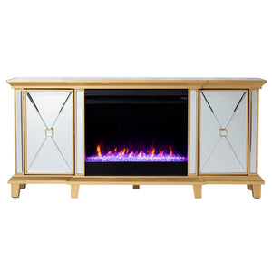 Mirrored media fireplace with storage cabinets and color changing firebox Image 3