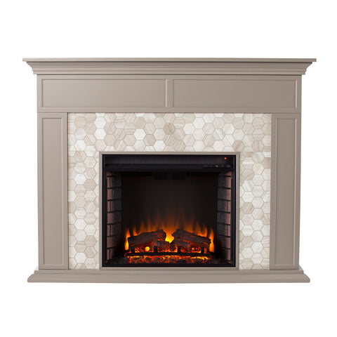 Image of Fireplace mantel w/ authentic marble surround in eye-catching hexagon layout Image 6