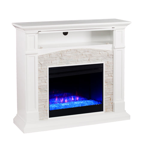 Image of Color changing fireplace w/ stacked faux stone surround Image 7