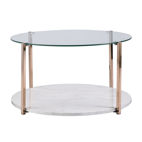 Image of Round glass-top coffee table w/ imitation stone shelf Image 3