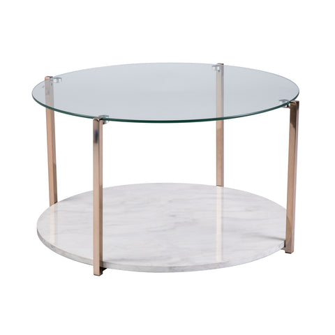 Image of Round glass-top coffee table w/ imitation stone shelf Image 4