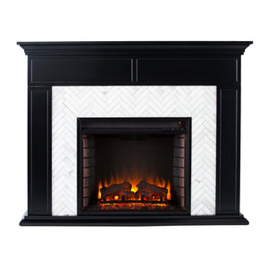 Fireplace mantel w/ authentic marble surround in eye-catching herringbone layout Image 4