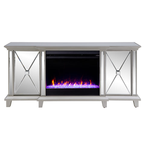 Image of Mirrored media fireplace with storage cabinets and color changing firebox Image 3