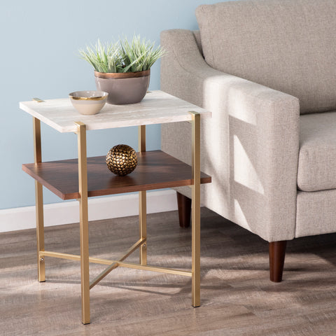Image of Two-tier side table w/ faux travertine marble top Image 1