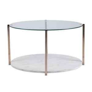 Round glass-top coffee table w/ imitation stone shelf Image 5