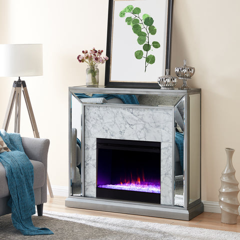 Image of Trandling Mirrored Faux Stone Fireplace with Color Changing Firebox
