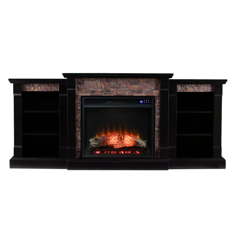 Image of Low profile bookcase fireplace w/ faux stone surround Image 3