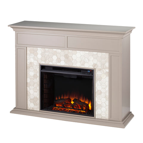Image of Fireplace mantel w/ authentic marble surround in eye-catching hexagon layout Image 7