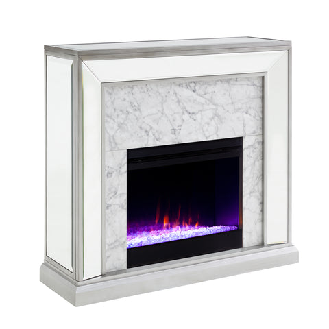 Image of Elegant mirrored fireplace mantel w/ faux stone surround Image 5