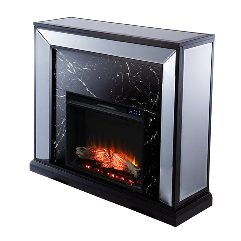 Image of Elegant mirrored fireplace mantel w/ faux stone surround Image 3
