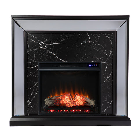 Image of Elegant mirrored fireplace mantel w/ faux stone surround Image 2
