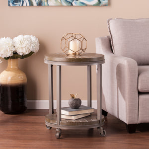 Goes anywhere round side table w/ display shelf Image 1