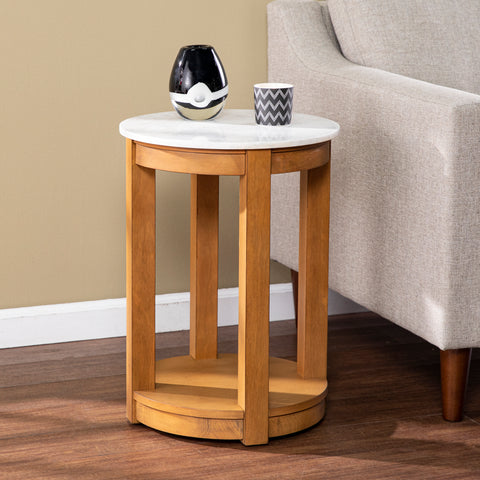 Image of Faux marble top end table w/ display storage Image 1