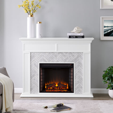 Fireplace mantel w/ authentic marble surround in eye-catching herringbone layout Image 1
