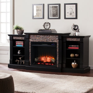 Low profile bookcase fireplace w/ faux stone surround Image 1
