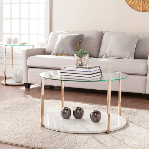 Image of Round glass-top coffee table w/ imitation stone shelf Image 1