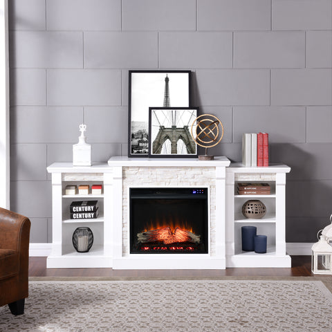 Image of Low profile bookcase fireplace w/ faux stone surround Image 1