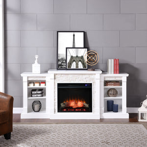 Low profile bookcase fireplace w/ faux stone surround Image 1
