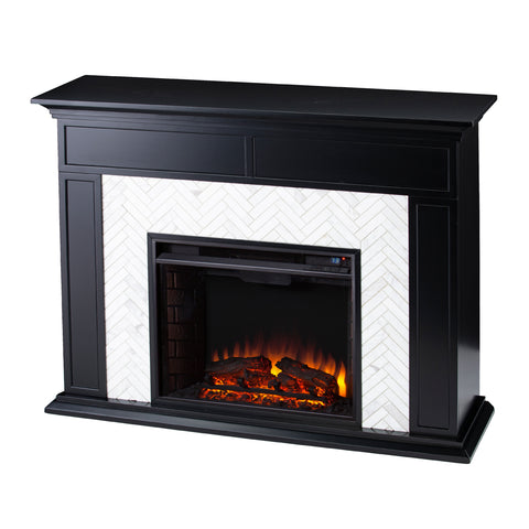 Image of Fireplace mantel w/ authentic marble surround in eye-catching herringbone layout Image 5