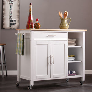 Features butcher block, 1 drawer, 1 double-door cabinet with fixed shelf, 3 open fixed shelves, and 1 towel rack Image 3