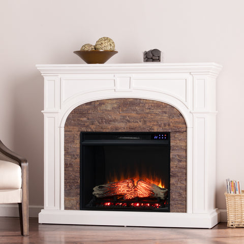 Image of Electric fireplace w/ stacked stone surround Image 1
