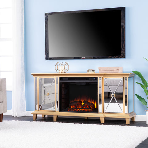 Image of Mirrored media fireplace with storage cabinets Image 1