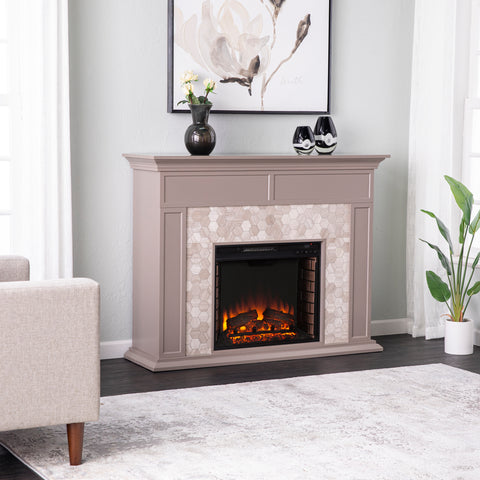 Image of Fireplace mantel w/ authentic marble surround in eye-catching hexagon layout Image 1