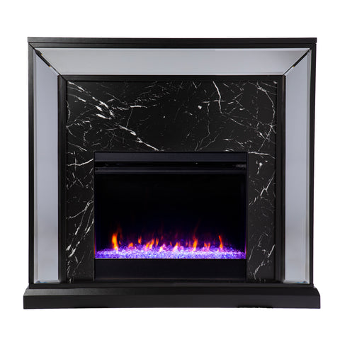 Image of Elegant mirrored fireplace mantel w/ faux stone surround Image 2