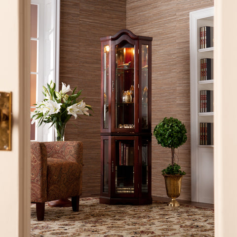 Image of Space saving, lighted corner design curio with mirrored back Image 1
