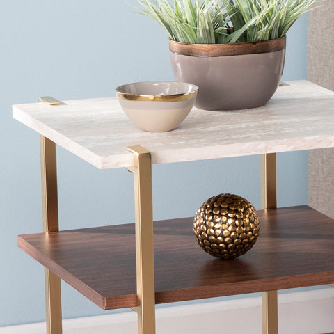 Image of Two-tier side table w/ faux travertine marble top Image 7
