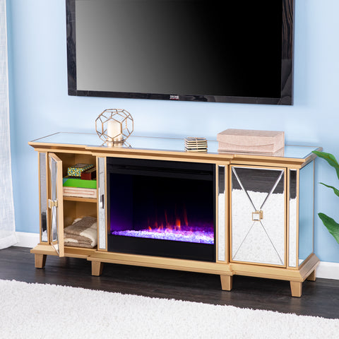 Image of Mirrored media fireplace with storage cabinets and color changing firebox Image 2