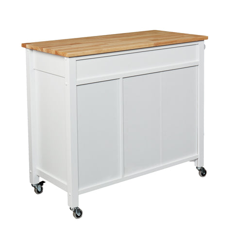 Features butcher block, 1 drawer, 1 double-door cabinet with fixed shelf, 3 open fixed shelves, and 1 towel rack Image 5