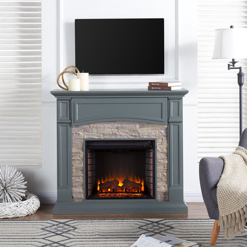 Image of Seneca Electric Media Fireplace – Gray w/Weathered Stacked Stone