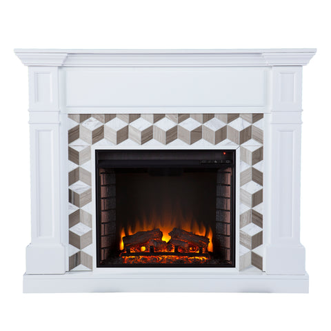 Image of Classic electric fireplace w/ modern marble surround Image 3