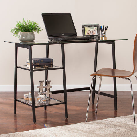 Image of Simple sawhorse desk w/ wide-beveled glass top Image 1