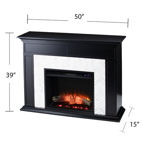 Image of Fireplace mantel w/ authentic marble surround in eye-catching herringbone layout Image 9
