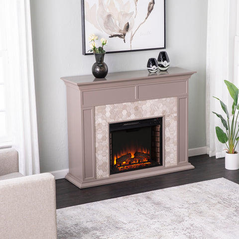 Image of Fireplace mantel w/ authentic marble surround in eye-catching hexagon layout Image 2