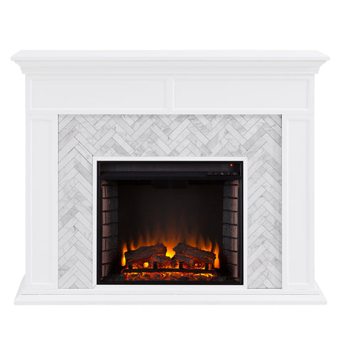 Image of Fireplace mantel w/ authentic marble surround in eye-catching herringbone layout Image 2