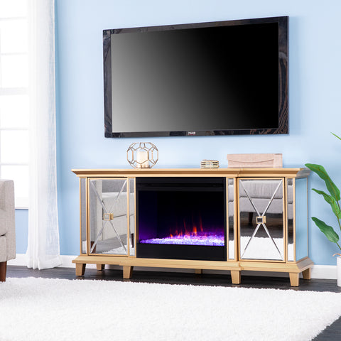 Image of Mirrored media fireplace with storage cabinets and color changing firebox Image 1