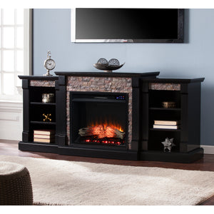 Low profile bookcase fireplace w/ faux stone surround Image 2